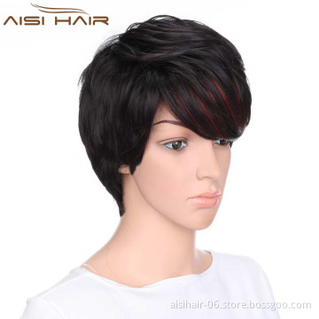 Aisi Hair  Wholesale Price Short Black Hair  Wigs With Red Bangs Synthetic Pixie Cut Wigs for Women